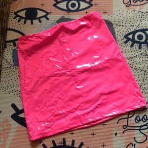 Neon pink leather mini skirt